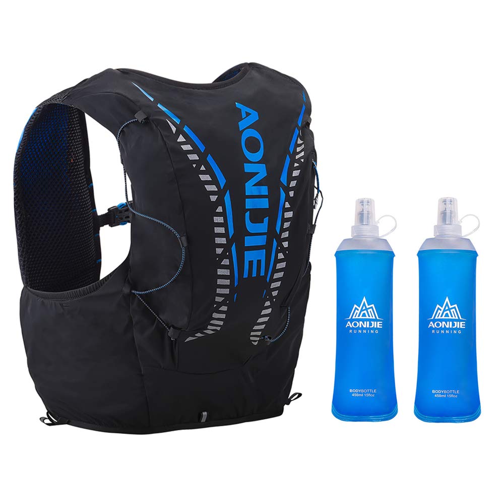 AONIJIE 12L Men Women Running Vest Pack Hydration Backpack Outdoor Sports Bag for Marathon Cycling Hiking (12L# Black&Blue+2 Pcs Soft Flasks (450ml) M/L(35.43-40.15 inch))
