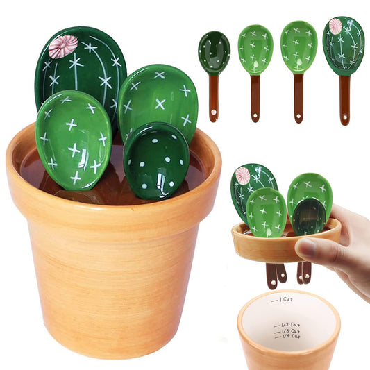 5 Pieces Measuring Spoons Set/Ceramics Spoons and Measuring Base Cup/for Dry and Liquid Ingredient Cute Cactus Shape (Solid color base)